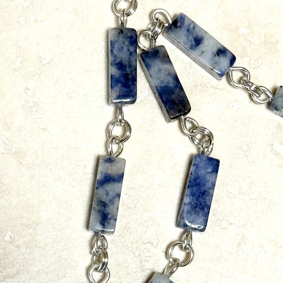 Genuine Blue White Sodalite Matinee Necklace, Gemstone & Leaf Branch Pendant - Picture 9 of 14